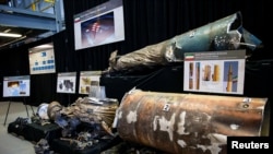 A U.S. Department of Defense exhibit shows a "Qiam" ballistic missile manufactured in Iran, at a military base in Washington, Nov. 29, 2018. 