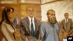 FILE - In this courtroom sketch, Muhanad Mahmoud al-Farekh, third from left, appears in federal court in New York, April 2, 2015. 