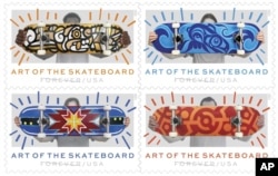 This image provided by the U.S. Postal Service shows its new the "Art of the Skateboard" Forever stamps. The agency on Friday, March 24, 2023, is debuting the stamps at a Phoenix skate park. The stamps feature designs from four artists from around the country, including two Indigenous artists. (Courtesy of USPS via AP)