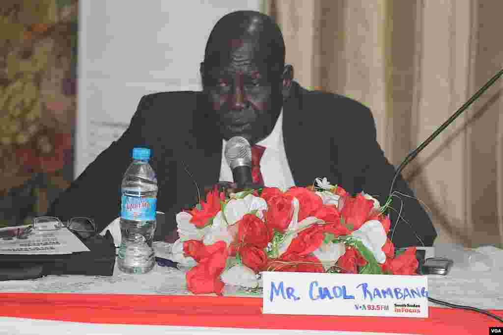 The chair of South Sudan's Peace and Reconciliation Commission Chuol Rambang at the Voice of America town hall meeting in Juba on Thursday, March 28, 2013. 