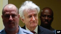 FILE - Former Bosnian Serb leader Radovan Karadzic, center, arrives to open his appeal at a U.N. court against his convictions on charges including genocide and crimes against humanity and his 40-year prison sentence in The Hague, Netherlands, April 23, 2018.