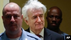 FILE - Former Bosnian Serb leader Radovan Karadzic, center, arrives to open his appeal at a U.N. court in The Hague, Netherlands, April 23, 2018.