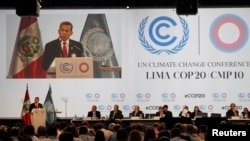 Presiden Peru Ollanta Humala memberikan sambutan dalam KTT Perubahan Iklim COP 20 di Lima, Peru (11/12). 