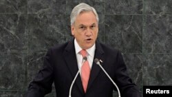 FILE - Chile's President Sebastian Pinera addresses the 68th United Nations General Assembly in New York, Sept. 24, 2013. 