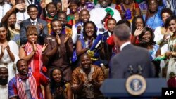 President Barack Obama is welcomed by the Young African Leaders Initiative as they shout "happy birthday," in Washington, Aug. 3, 2016.