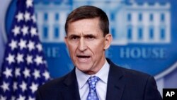 National Security Adviser Michael Flynn speaks during the daily news briefing at the White House, in Washington, Feb. 1, 2017. 