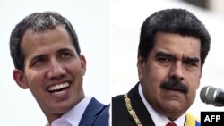 Kombinasi foto yang dibuat 25 Mei 2019, menunjukkan pemimpin oposisi Juan Guaido (L) saat bertemu pendukungnya di Caracas, 2 Februari 2019 dan Presiden Nicolas Maduro berpidato di Caracas, 10 Januari 2019.