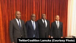 Adolphe Muzito, Martin Fayulu, Jean-Pierre Bemba et Moïse Katumbi lors d'une réunion de Lamuka, 27 mars 2020. (Twitter Coalition Lamuka) (TwitterCoalition Lamuka)