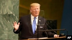 도널드 트럼프 미국 대통령이 19일 미국 뉴욕에서 열린 유엔총회에서 연설하고 있다.