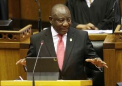 FILE - South African President Cyril Ramaphosa delivers his fifth State of the Nation Address in Cape Town, South Africa, Feb. 11, 2021.