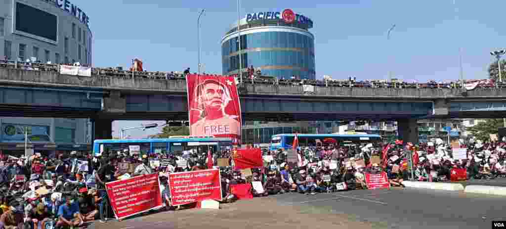 Anti-military coup demonstrators are seen in Yangon, Myanmar, Feb. 9, 2021. (Credit: VOA Burmese Service)