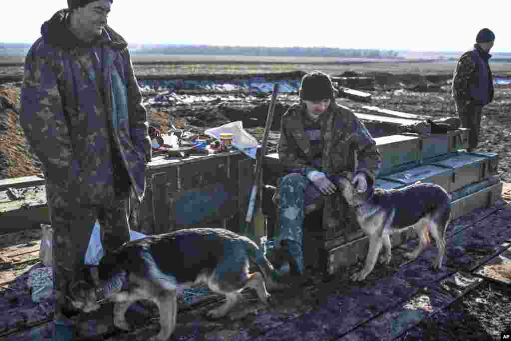 A Ukrainian soldier cares for a dog after leaving Debaltseve, near Artemivsk, eastern Ukraine, Feb. 22, 2015.