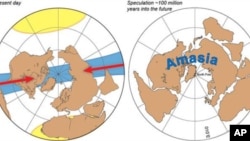 Present day Earth on the left and an orthoversion prediction of future supercontinent, Amasia on the right.