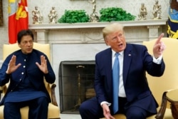 President Donald Trump speaks during a meeting with Pakistani Prime Minister Imran Khan in the Oval Office of the White House, July 22, 2019, in Washington.