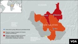 Peta wilayah Sudan Selatan dan daerah-daerah di mana terjadi bentrokan antara pasukan pemerintah dan pemberontak. 