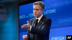토니 블링컨 미 국무장관이 28일 뉴욕에서 열린 미 외교협회(CFR) 대담에서 발언하고 있다.