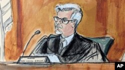 FILE - In this artist's depiction, Judge Juan Merchan presides over former President Donald Trump's trial in Manhattan criminal court on April 23, 2024, in New York. Prosecutors on Nov. 19, 2024, told Merchan they oppose the dismissal of Trump's conviction in the case.