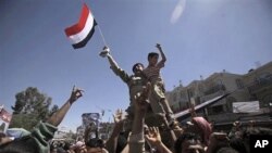 Yemeni army officer raised aloft by anti-government protestors holds a boy and waves his national flag during a demonstration demanding the resignation of Yemeni President Ali Abdullah Saleh, in Sanaa,Yemen, April 4, 2011