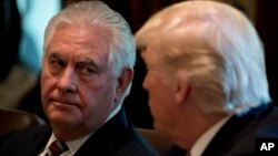 Presiden AS Donald Trump berbicara kepada Menlu Rex Tillerson dalam rapat kabinet di Gedung Putih (foto: dok). 