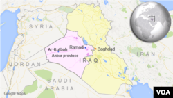 Peta wilayah Irak dan lokasi provinsi Anbar, kota Ramadi dan Ar-Rutbah.