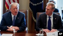 Presiden AS Donald Trump (kiri) berbicara dalam rapat kabinet sementara Wakil Menhan Patrick Shanahan (kanan) mendengarkan di Gedung Putih (foto: dok). 