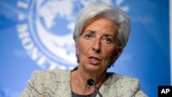 FILE - International Monetary Fund (IMF) Managing Director Christine Lagarde speaks at a news conference during the the G5 Ministers of Finance meeting during the World Bank/IMF Spring Meetings in Washington, April 14, 2016.