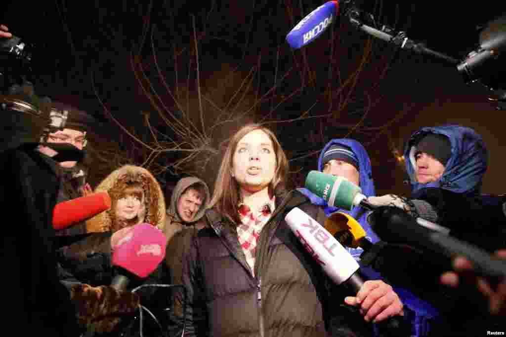 Pussy Riot member Nadezhda Tolokonnikova speaks to the media after she was released from prison in Krasnoyarsk, Russia, Dec. 23, 2013.&nbsp;