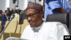FILE - Nigerian president Muhammadu Buhari reads a document during the African Union summit at the Palais des Congres in Niamey, July 7, 2019. 