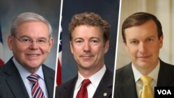 از راست سناتورها کریس مورفی، رند‌پال و باب منندز