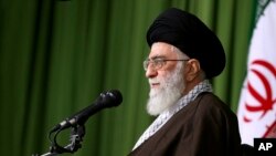 FILE - In this picture released by the office of Iranian supreme leader, Supreme Leader Ayatollah Ali Khamenei speaks in a meeting with Foreign Minister Mohammad Javad Zarif and the country's diplomats in Tehran, Iran, Nov. 1, 2015.