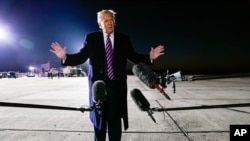 President Donald Trump speaks about the death of Supreme Court Justice Ruth Bader Ginsburg after a campaign rally at Bemidji Regional Airport, Sept. 18, 2020, in Bemidji, Minnesota.