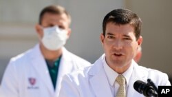 Dr. Sean Conley, physician to President Donald Trump, briefs reporters at Walter Reed National Military Medical Center in Bethesda, Md., Oct. 4, 2020.