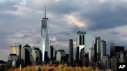 FILE - Buildings on Ellis Island in New York Harbor stand in front of the New York skyline, May 11, 2020.