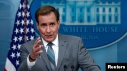 존 커비 백악관 국가안전보장회의(NSC) 전략소통조정관이 17일 브리핑하고 있다.