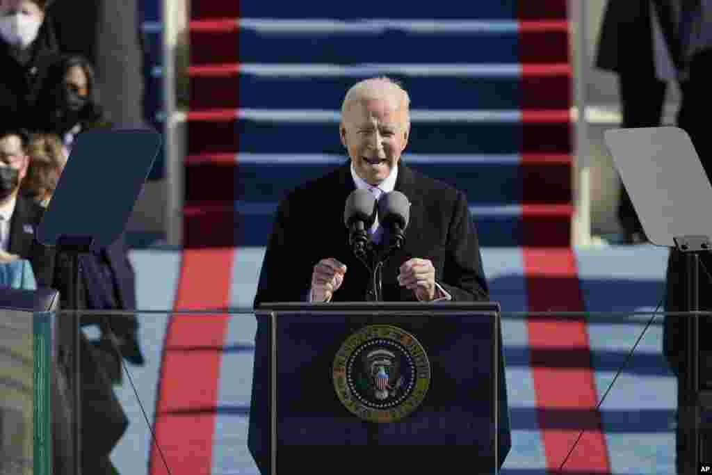  President Joe Biden speaks during the 59th Presidential Inauguration at the U.S. Capitol in Washington, Wednesday, Jan. 20, 2021.(AP Photo/Patrick Semansky, Pool)