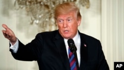 FILE - President Donald Trump speaks during a news conference with Baltic leaders in the East Room of the White House, Apr. 3, 2018, in Washington. On Sunday, Trump blamed Russian President Vladimir Putin and Iran for a "mindless chemical attack" in Syria.