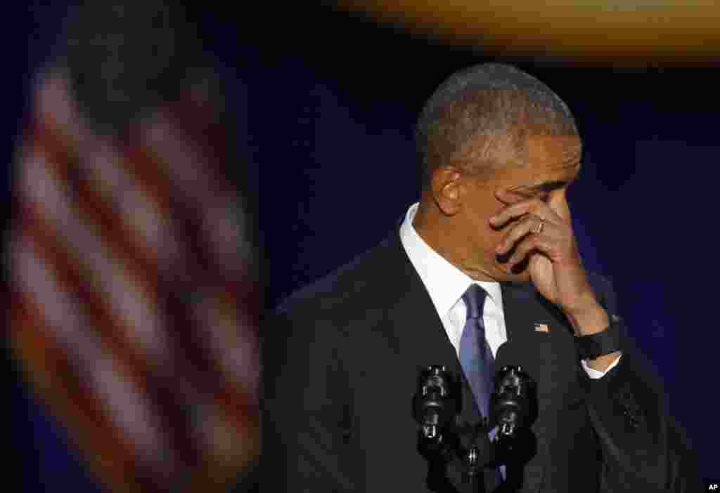 President Barack Obama wipes his tears as he speaks at McCormick Place in Chicago, Jan. 10, 2017.