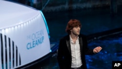 Young Dutch inventor Boyan Slat unveils the Interceptor in Rotterdam, Netherlands, Saturday, Oct. 26, 2019. 
