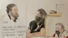 This courtroom sketch shows key defendant Salah Abdeslam, at left and in black at center, with court president Jean-Louis Peries, right, in the special courtroom built for the 2015 attacks trial, Sept. 8, 2021 in Paris, France. 