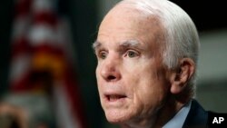 FILE - Senate Armed Services Committee Chairman Sen. John McCain, R-Ariz. speaks on Capitol Hill in Washington, June 13, 2017.. 