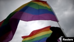 Seorang perempuan memegang bendera pelangi di Little Rock, Arkansas, Amerika Serikat, 26 April 2015. (Foto: Reuters)