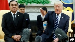 President Donald Trump speaks during a meeting with Thai Prime Minister Prayuth Chan-o-cha in the Oval Office of the White House, in Washington, Oct. 2, 2017.