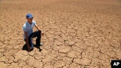 In this photo taken on Thursday, Nov. 14, 2019, Paul van Wyk, a small scale farmer, kneels down in a cracked bed of a water pan in Vosburg, South Africa. (AP Photo/Denis Farrell)