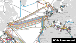 Undersea fiber optic cables carry the bulk of intercontinental Internet traffic. (Courtesy Telegeography.com)