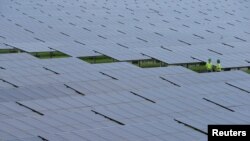 资料照片：2013年10月3日，泰国最大的太阳能发电场生产商SPCG的两名员工在太阳电池板之间行走。（路透社照片）