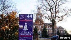 Signage is seen on the campus of Howard University, one of six historically Black colleges and universities across the United States that received bomb threats, in Washington, Jan. 31, 2022. 