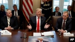 President Donald Trump, with a poster of himself laid out in front of him, speaks during a cabinet meeting at the White House, in Washington, Jan. 2, 2019. 