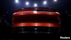 A Volkswagen I.D. concept car is displayed at a media event ahead of the Beijing Auto Show in Beijing, China, April 24, 2018. 