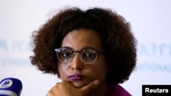 FILE - National Electoral Board of Ethiopia Chairperson Birtukan Mideksa addresses a news conference on the upcoming election, in Addis Ababa, Ethiopia, May 8, 2021. 
