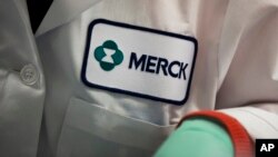 FILE - In this Feb. 28, 2013 file photo, a Merck logo is placed on scientist's lab coat in West Point, Pa. 